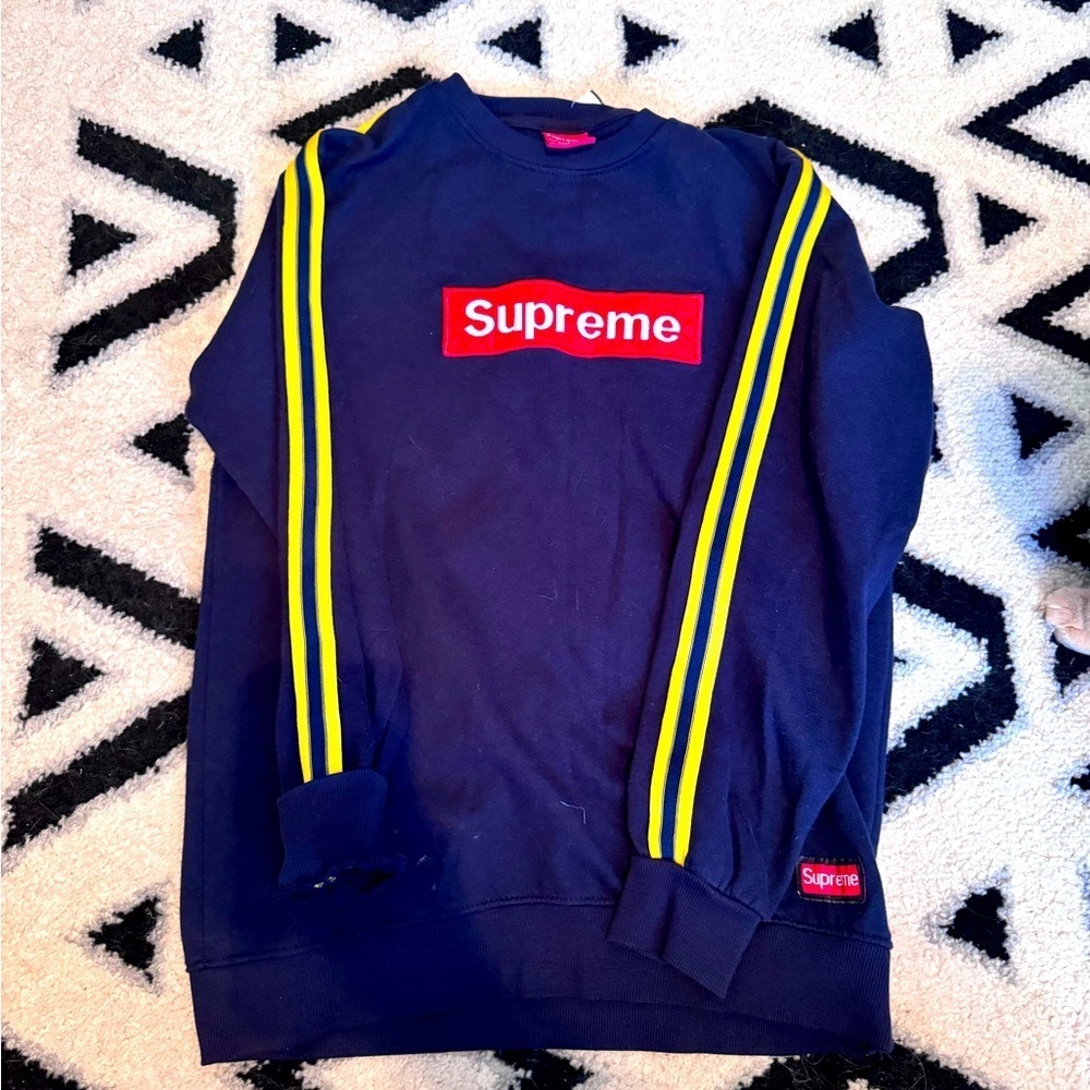 Supreme Navy Crewneck Sweatshirt with Yellow Stripe Detail